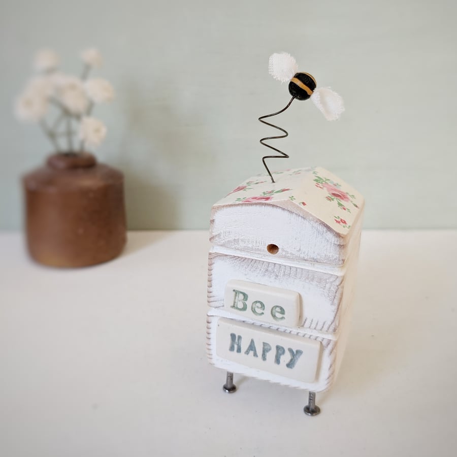Wooden Beehive With Little Clay Bee 'Bee Happy'