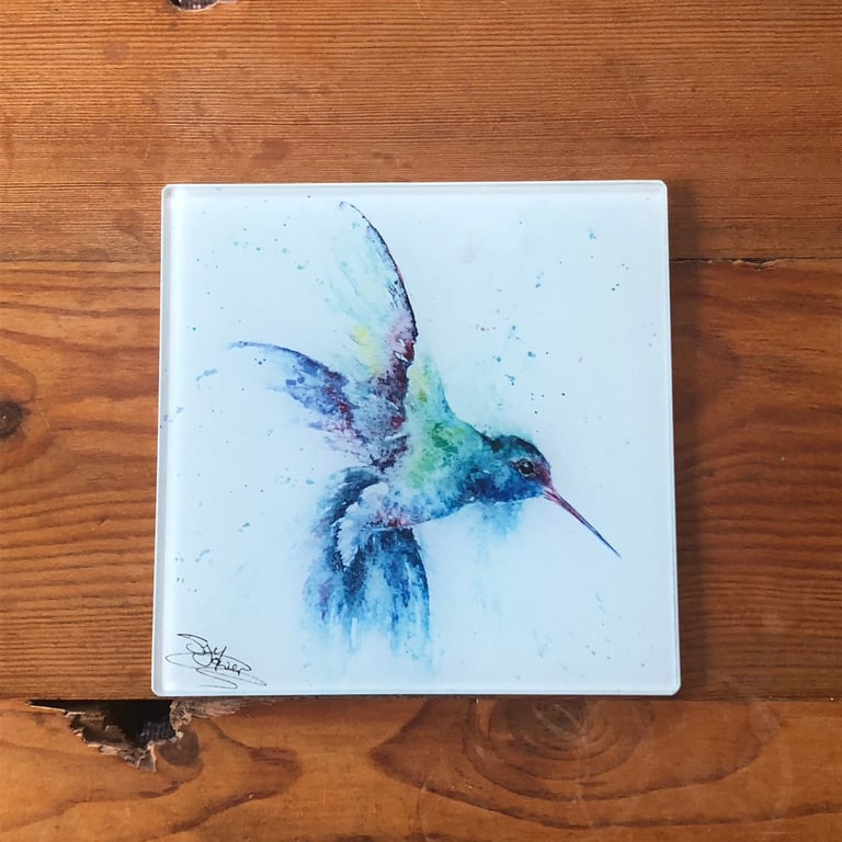Hummingbird Watercolour on a 20cm Square Glass Trivet, 