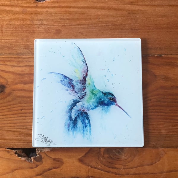 Hummingbird Watercolour on a 20cm Square Glass Trivet, 