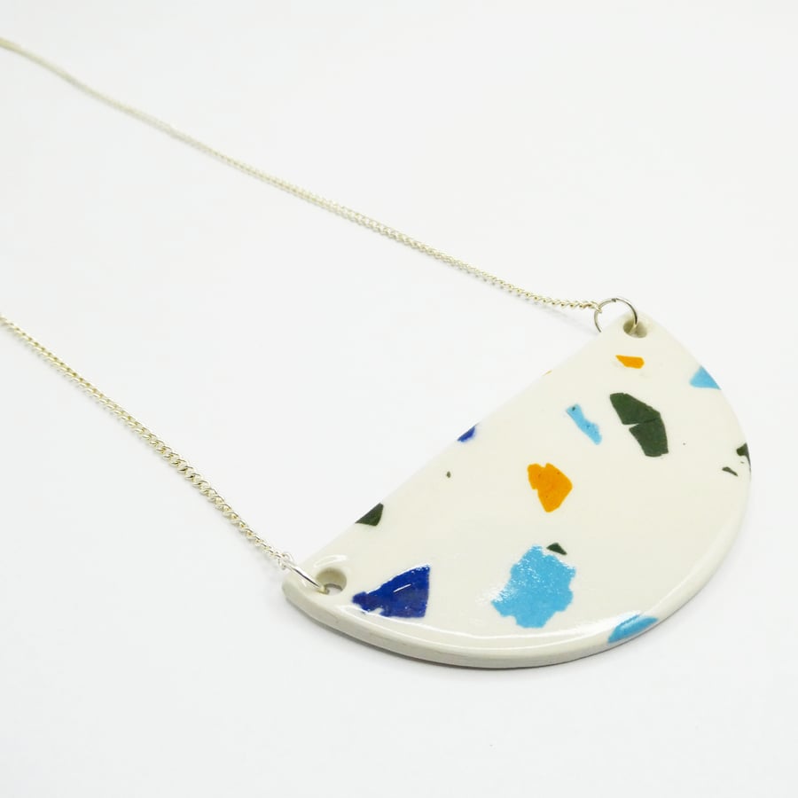 Terrazzo multi coloured ceramic bib pendent necklace, speckled necklace