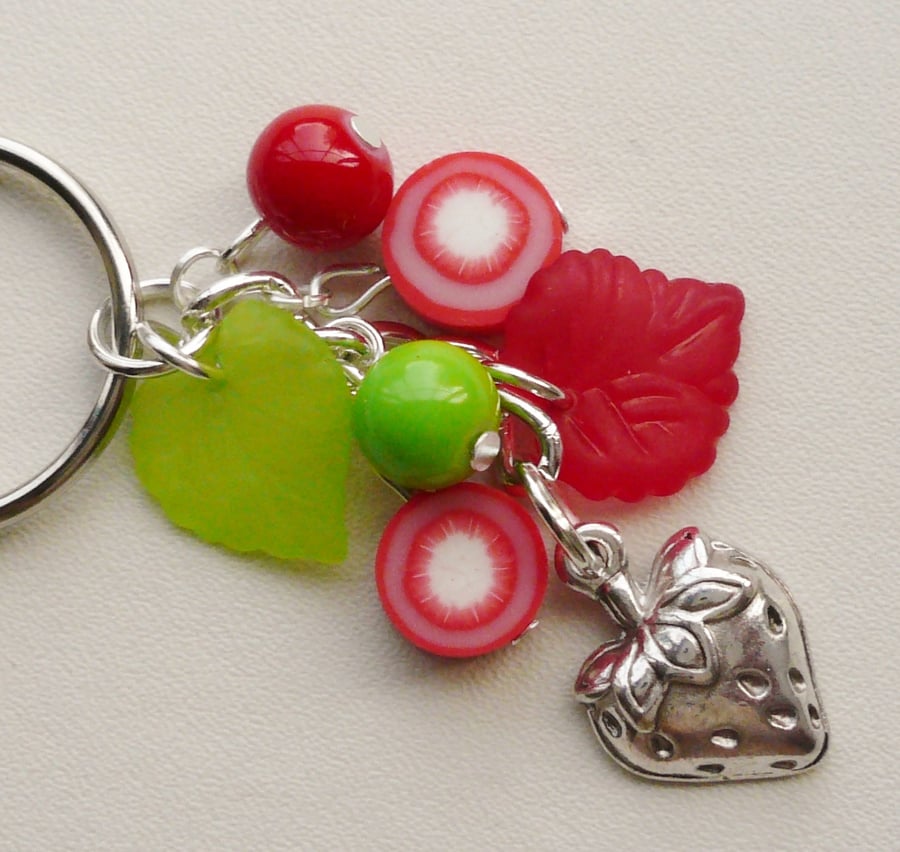 Keyring Red and Green Mixed Bead Strawberry Themed    KCJ1634