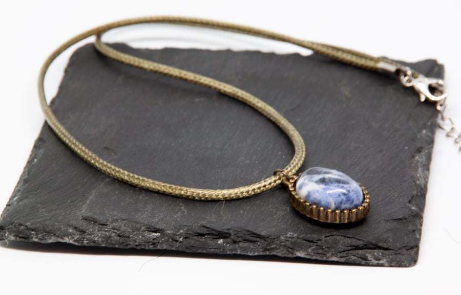 Sodalite Stone Pendant on Olive Green Cord 