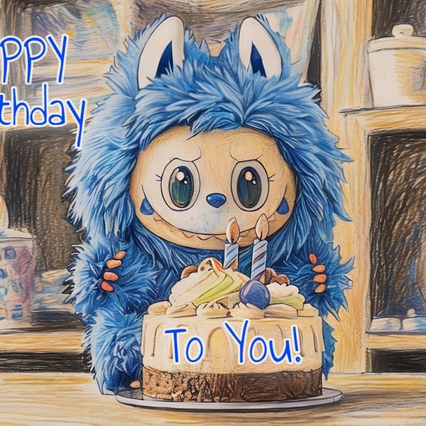 Happy Birthday To You Cute Blue Monster Elf Card A5