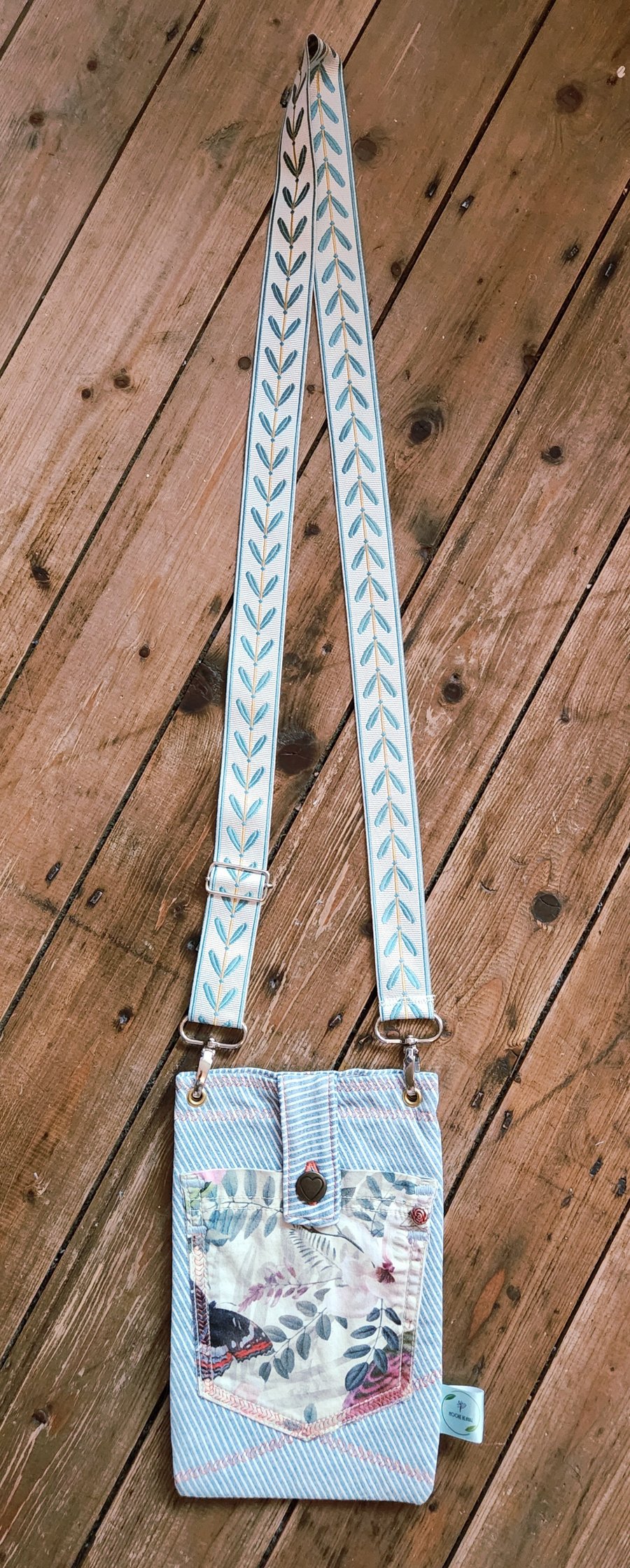 DENIM STRIPE MOBILE PHONE BAG WITH BUTTERFLY FLORAL POCKET, AND STRAP