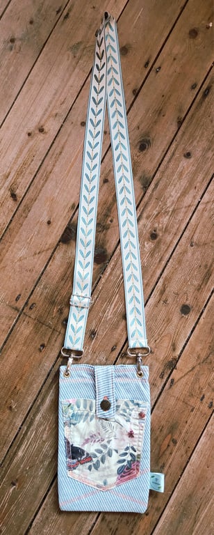 DENIM STRIPE MOBILE PHONE BAG WITH BUTTERFLY FLORAL POCKET, AND STRAP