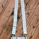 DENIM STRIPE MOBILE PHONE BAG WITH BUTTERFLY FLORAL POCKET, AND STRAP