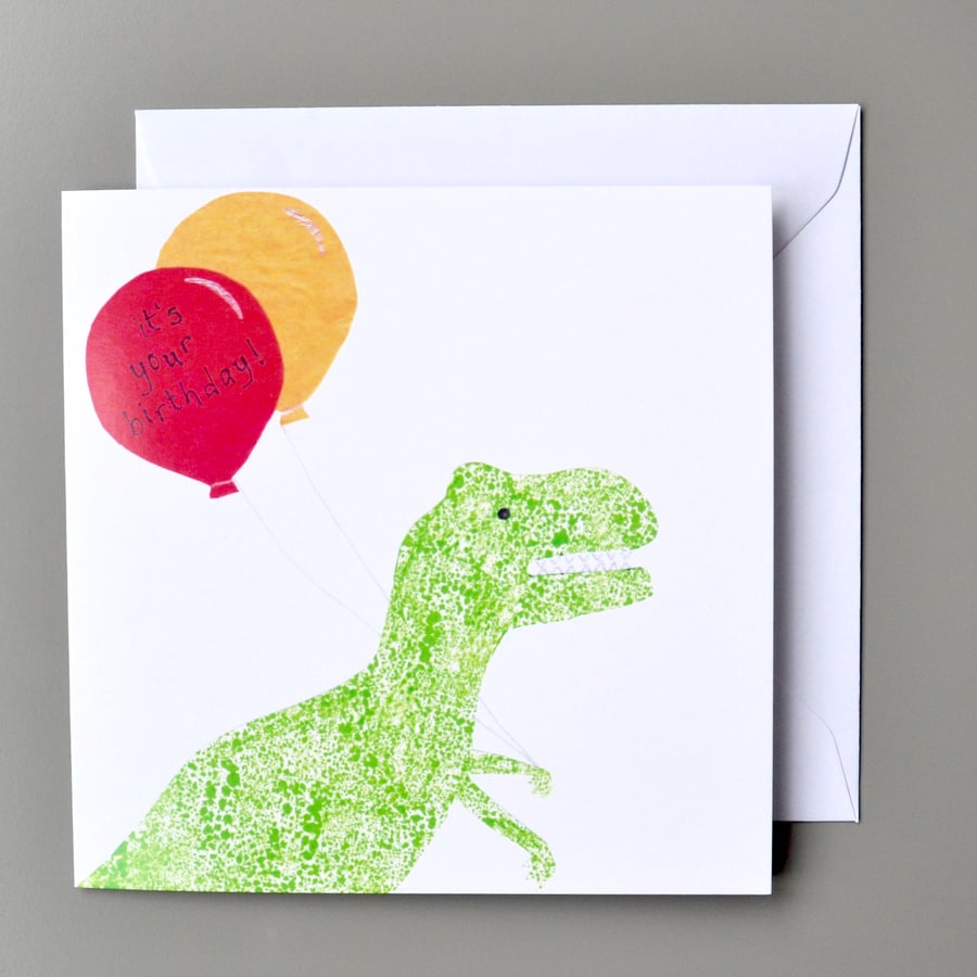 Dinosaur with Balloons Birthday Card - T-Rex Birthday Card - Kids Birthday Card