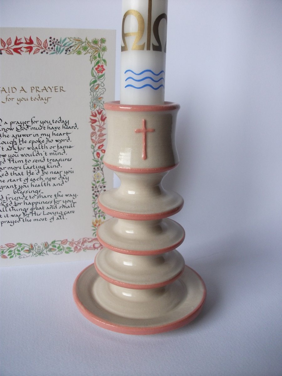 Tall Pink Christening, Baptism or New Baby Candlestick