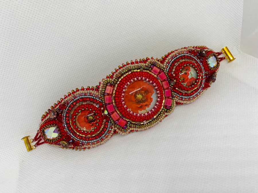 Handmade beaded bracelet cuff bangle with poppies