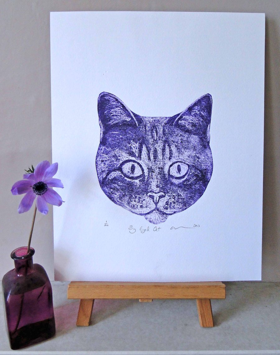 Big Eyed Cat  Limited Edition Collagraph Print Purple