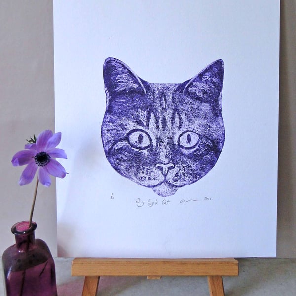 Big Eyed Cat  Limited Edition Collagraph Print Purple