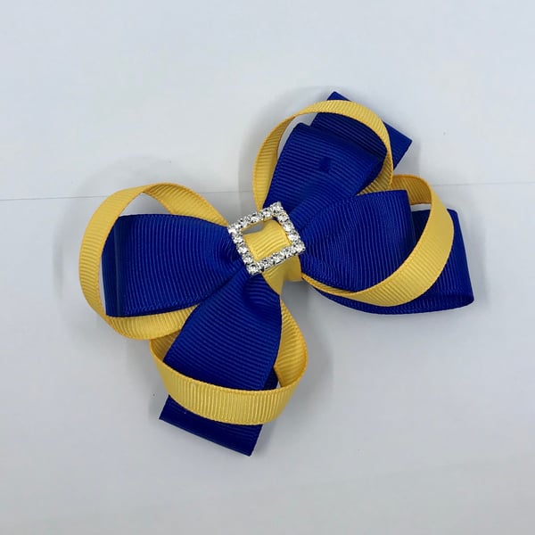 Cobalt Blue Double Layer Bow with Yellow Gold Loops on Clip