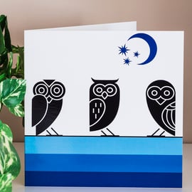 Owls Blank Greetings Card 6 inch 15 cm square modern Aztec style graphic design 