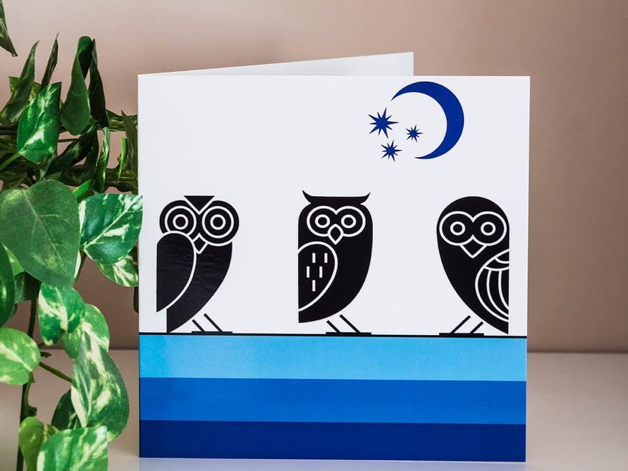 Owls Blank Greetings Card 6 inch 15 cm square modern Aztec style graphic design 