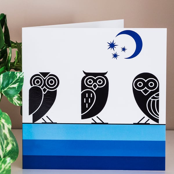Owls Blank Greetings Card 6 inch 15 cm square modern Aztec style graphic design 