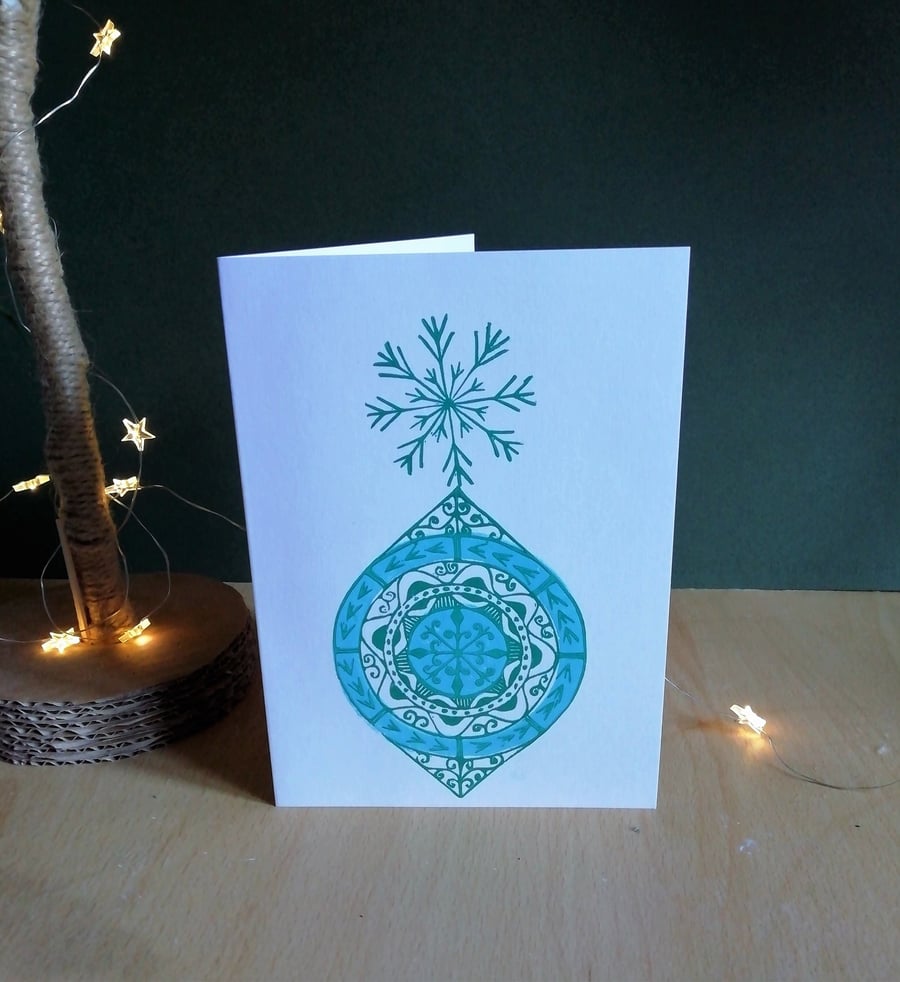Bauble Card Folksy Style Green and Blue