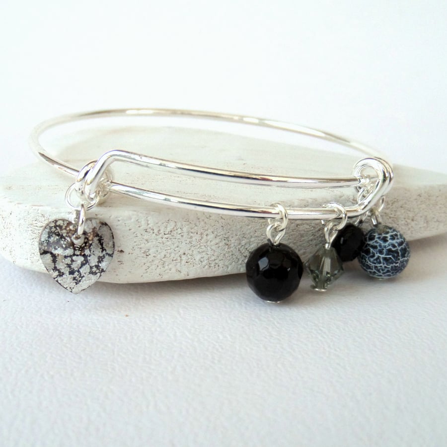 Black, white & grey gemstone and crystal bangle style bracelet