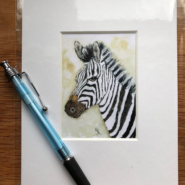 'Zebedee Zebra' Mounted print of miniature watercolour - FREE UK POST