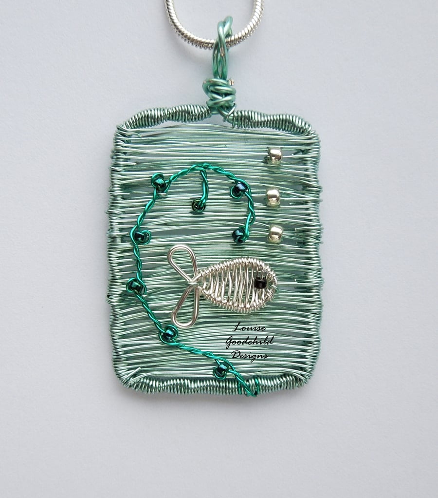 Silver Fish wire ocean scene necklace, unique wearable wire seaside art
