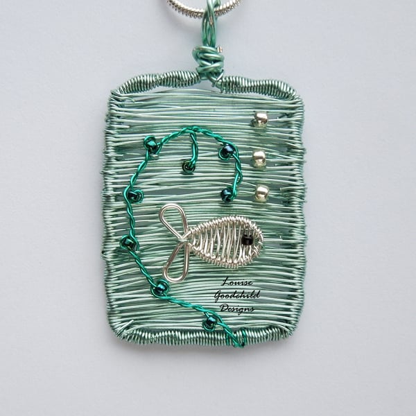 Silver Fish wire ocean scene necklace, unique wearable wire seaside art