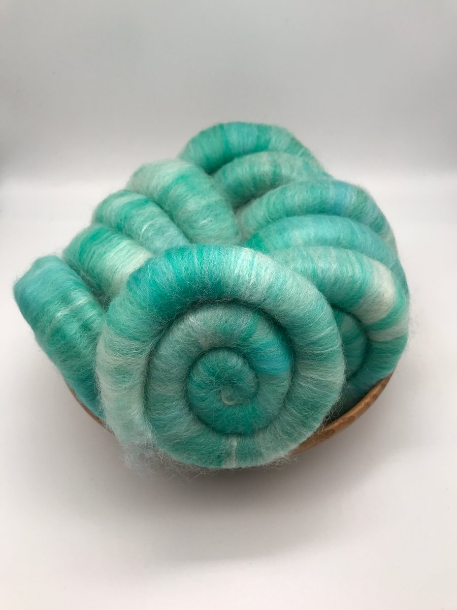 100g Merino, BFL & Tussah Silk Hand Blended Rolags - Jade Delight