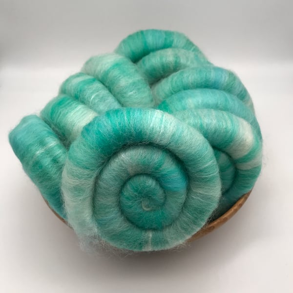 100g Merino, BFL & Tussah Silk Hand Blended Rolags - Jade Delight