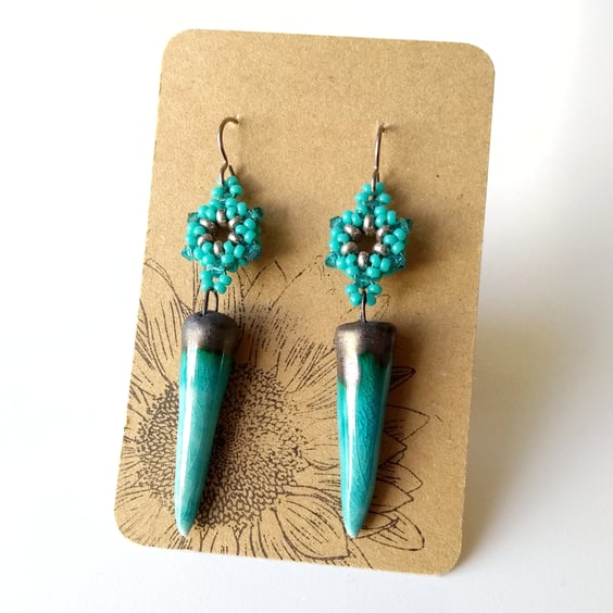 Turquoise and Teal Ceramic Beaded Spike Earrings