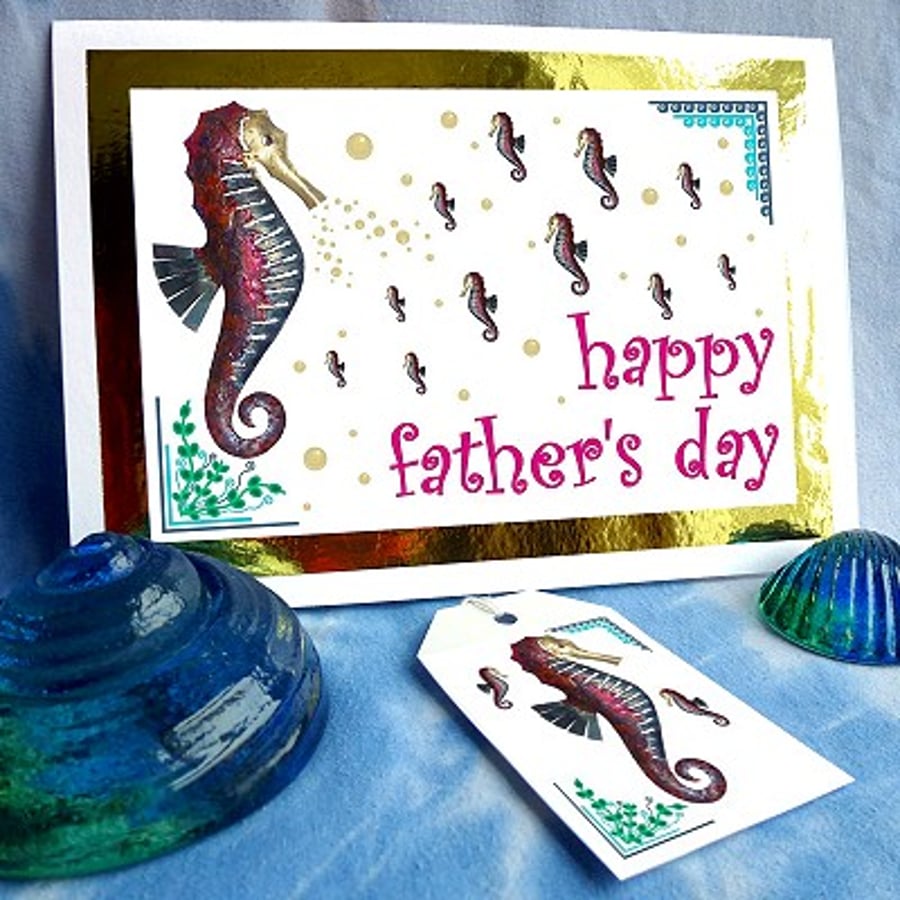Seahorse (father & children) - Father's Day card & free gift tag