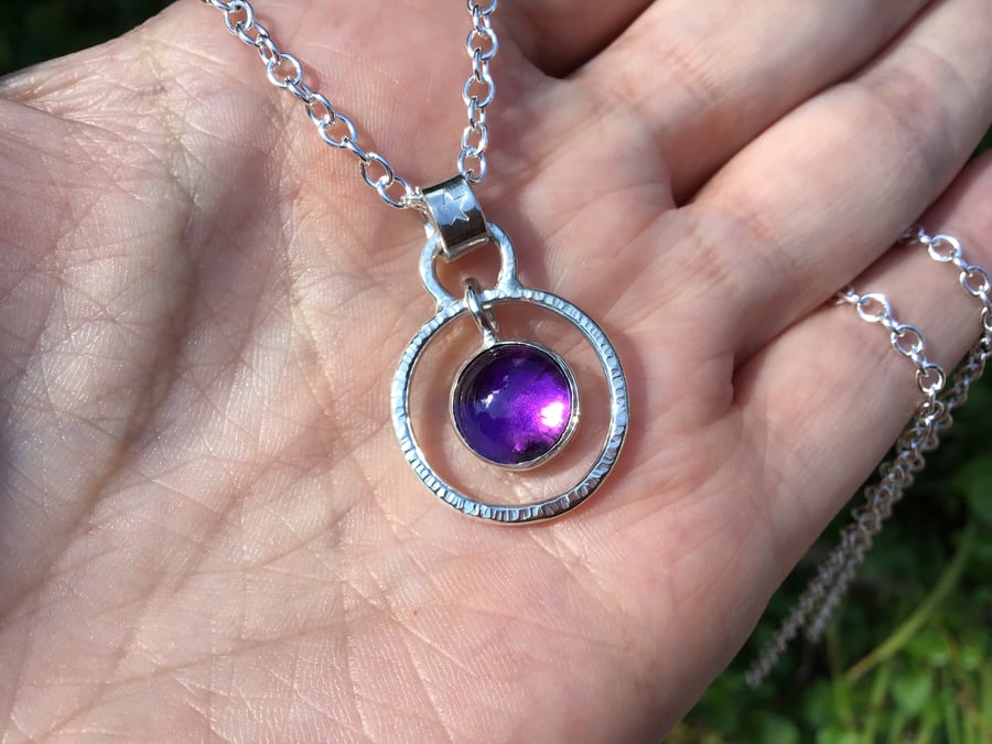 Amethyst purple Sterling and Fine silver “Tick tock” circle pendant necklace 