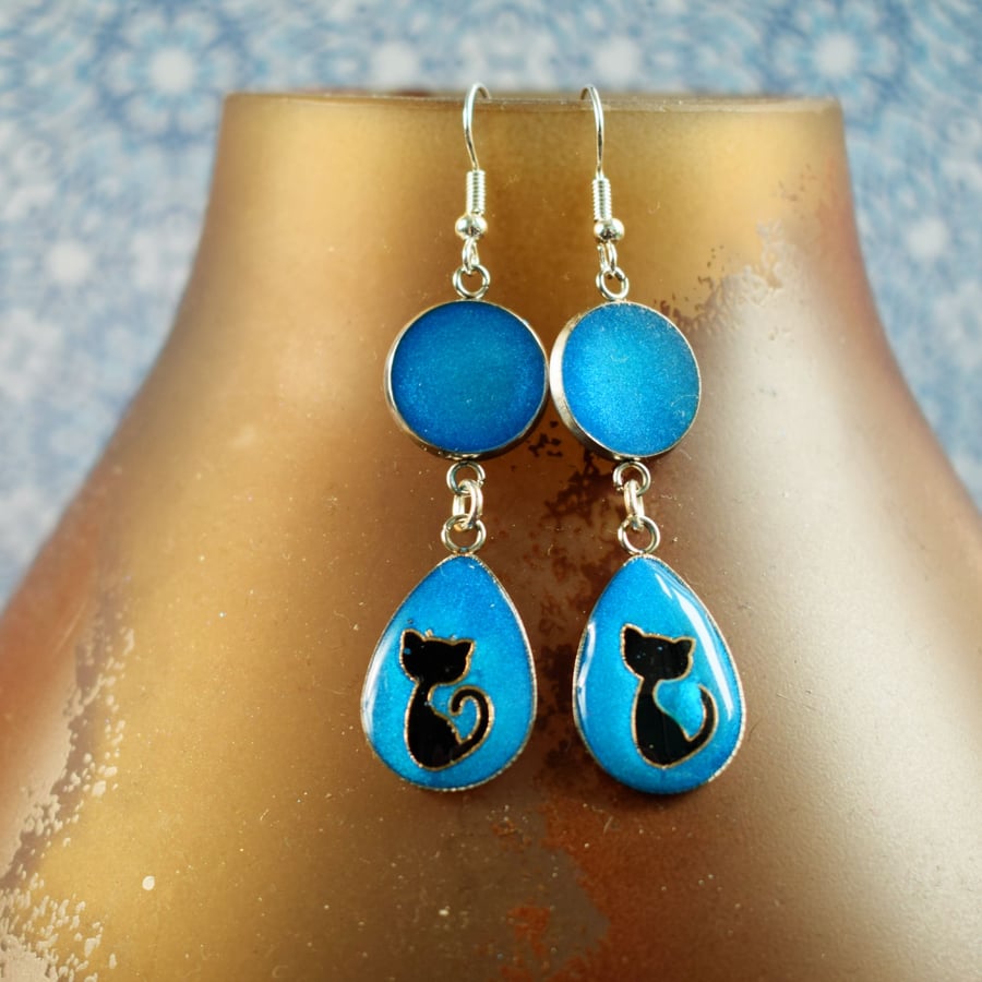  Black Cat Dangle Earrings, Black Cat Earrings with Blue Background
