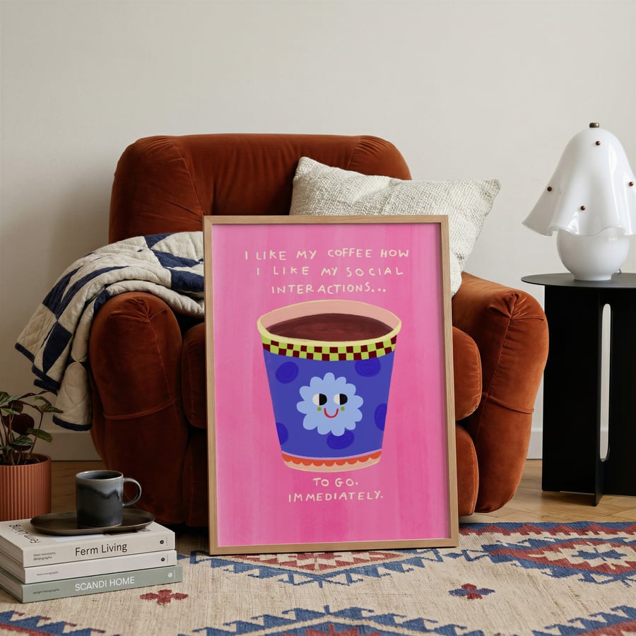Humorous Coffee Introvert Art Print, Dopamine Kitchen Decor Wall Hanging