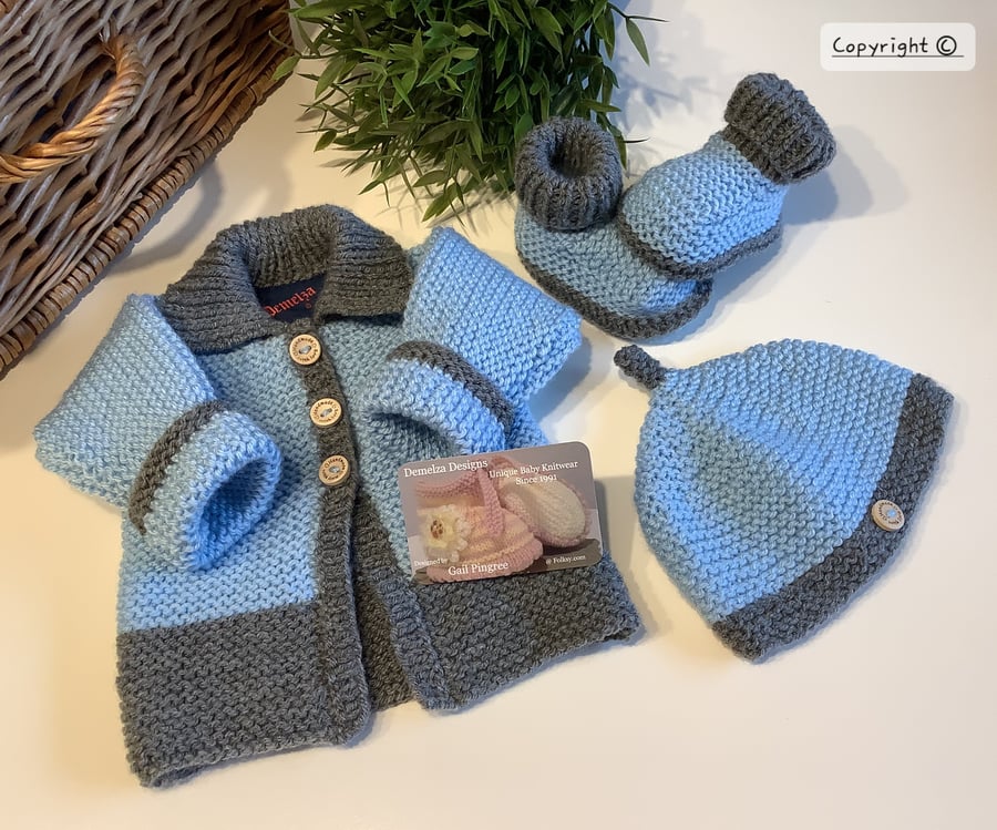 Designer Baby Boys Newborn Hand Knitted Jacket, Booties & Hat Gift Set 