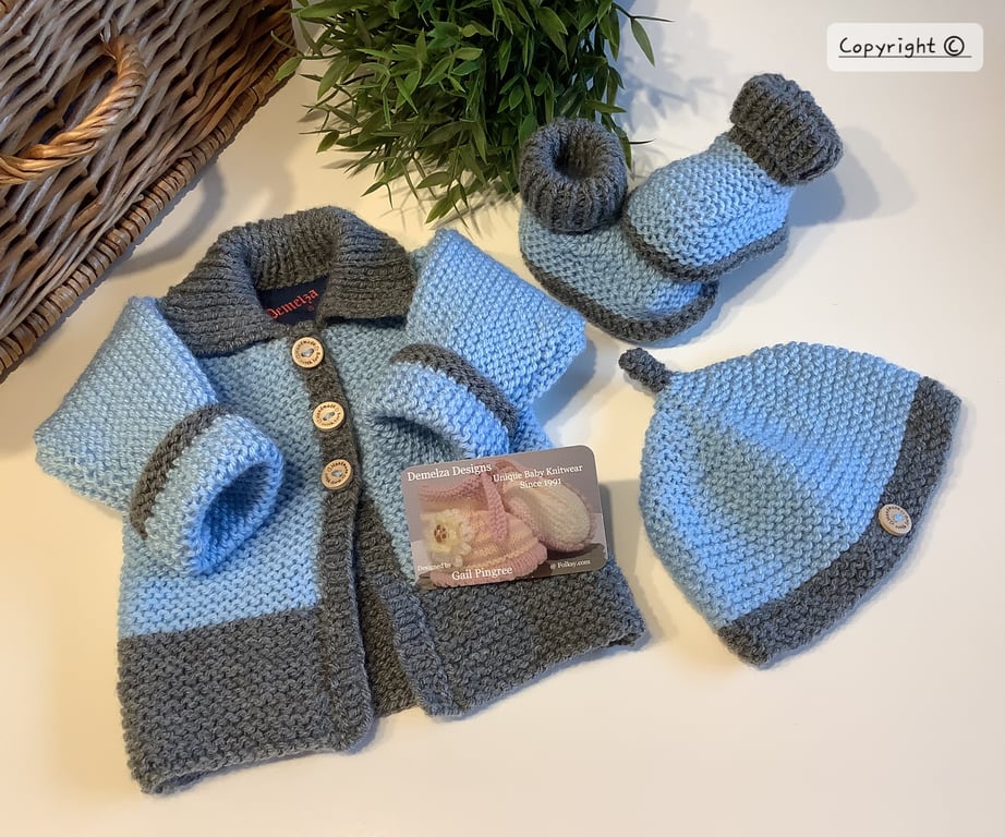 Designer Baby Boys Newborn Hand Knitted Jacket, Booties & Hat Gift Set 