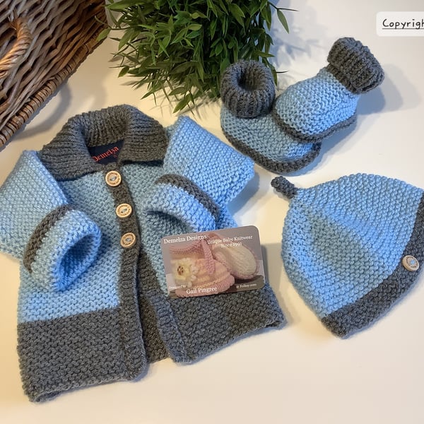 Baby Boys Long Jacket, Booties & Hat Gift Set  0-3 months size