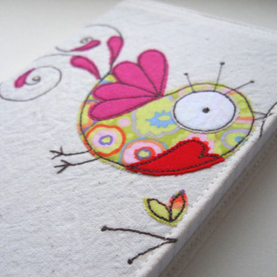 embroidered notebook -  bird fabric cover - A6