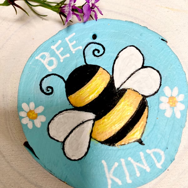 Hand Painted Bumble Bee Wood Slice Hanging Bee Kind Quote