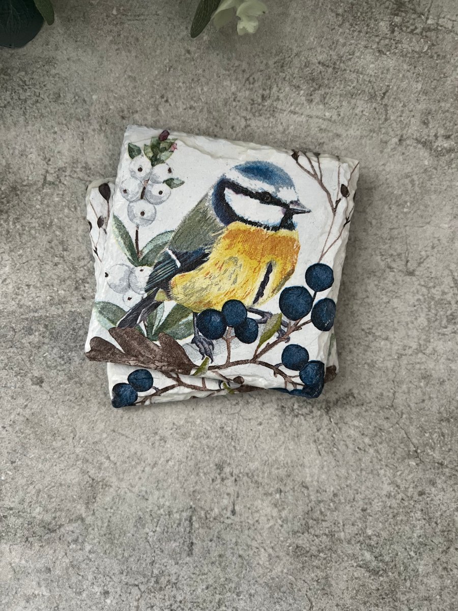 Slate Coasters Set of 2: Decoupage Blue Tit - Home Decor, Dining, Gifts, Kitchen