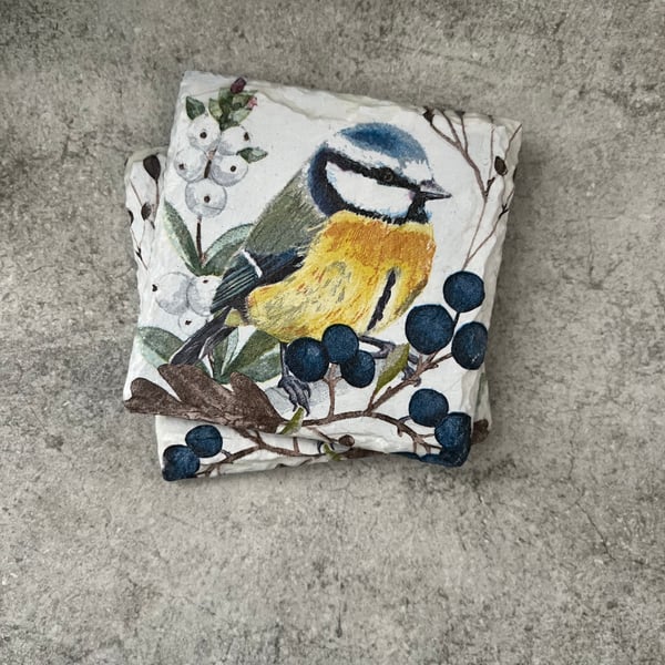 Slate Coasters Set of 2: Decoupage Blue Tit - Home Decor, Dining, Gifts, Kitchen
