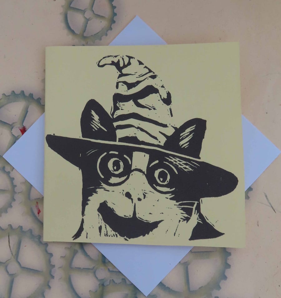 Harry Potter Cat Art Greeting Card From Original Lino Cut Print Cream