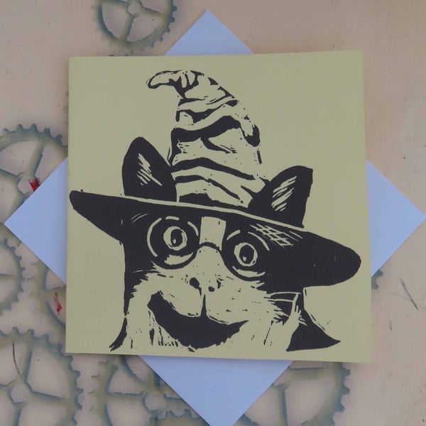 Harry Potter Cat Art Greeting Card From Original Lino Cut Print Cream