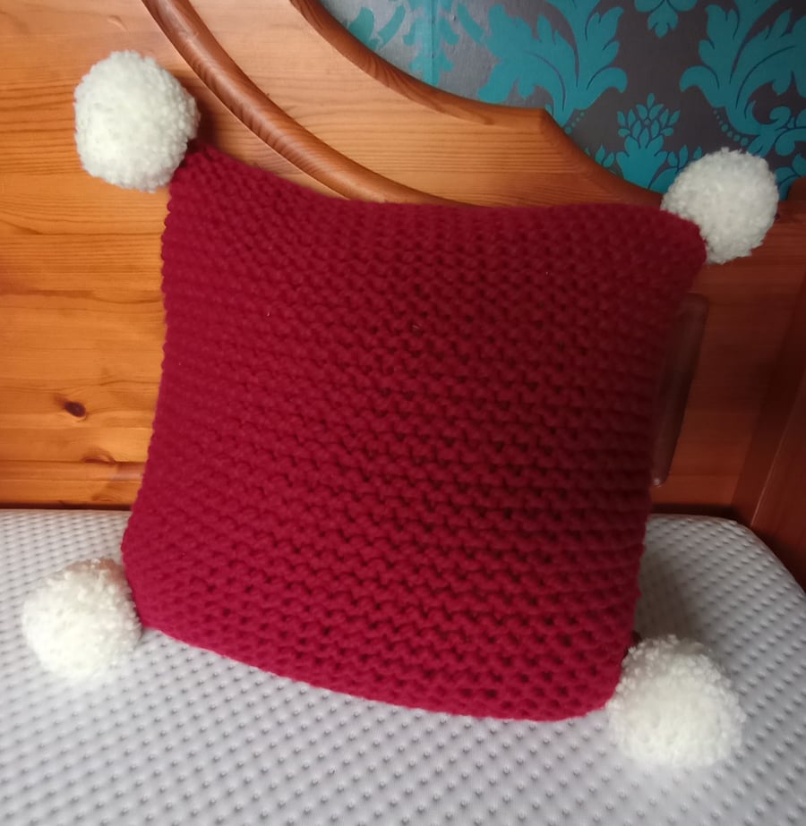 Deep red pompom cushion cover