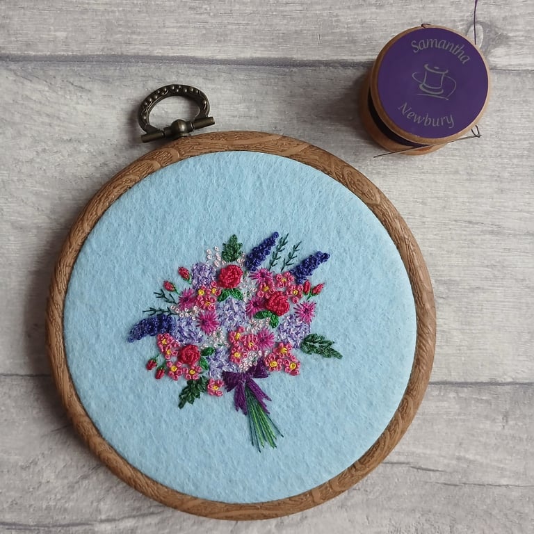 Miniature Hand Embroidered Bouquet Hoop Art in Blues, Pinks and Purples
