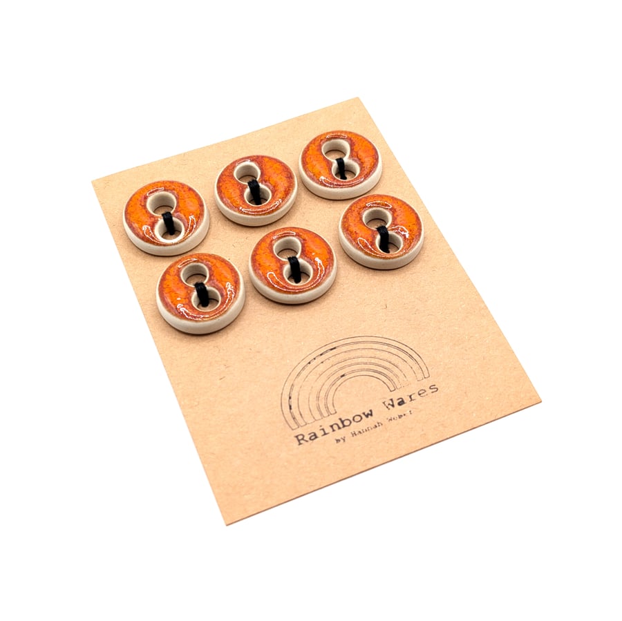 Set of 6 Handmade Round Pottery, Ceramic Buttons, Fiery Orange, Small, 21 mm