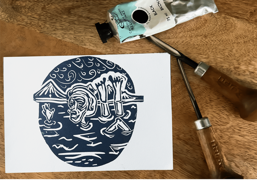 Night Swim Whimsical Handmade Lino print