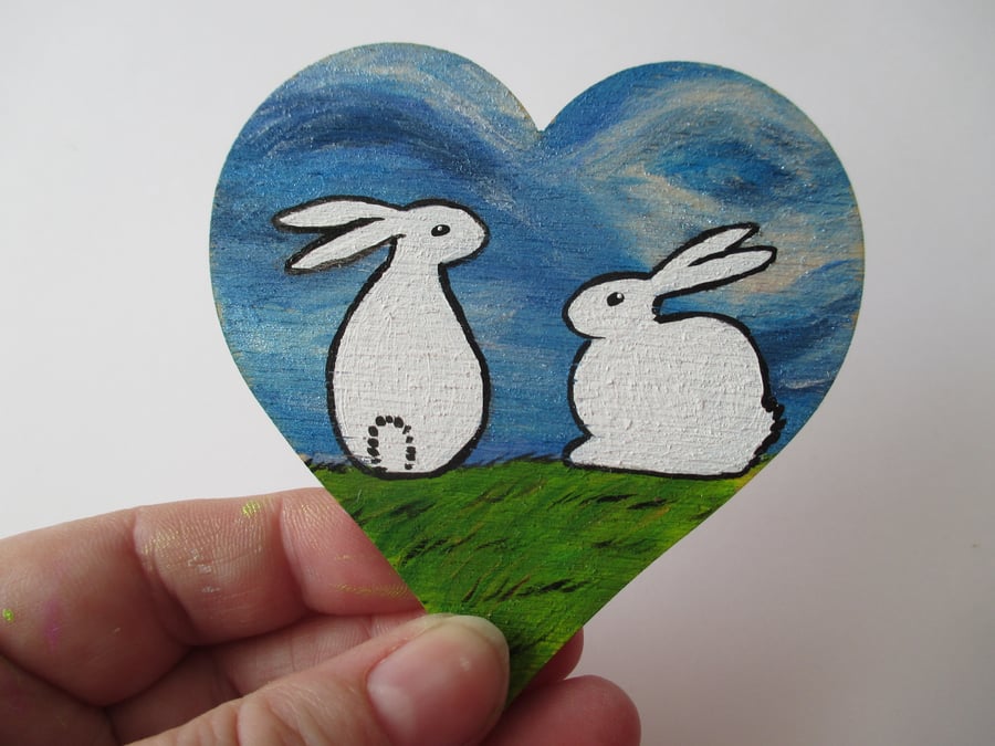 SALE Bunny Rabbit Wooden Love Heart Fridge Magnet Hand Painted White Bunnies