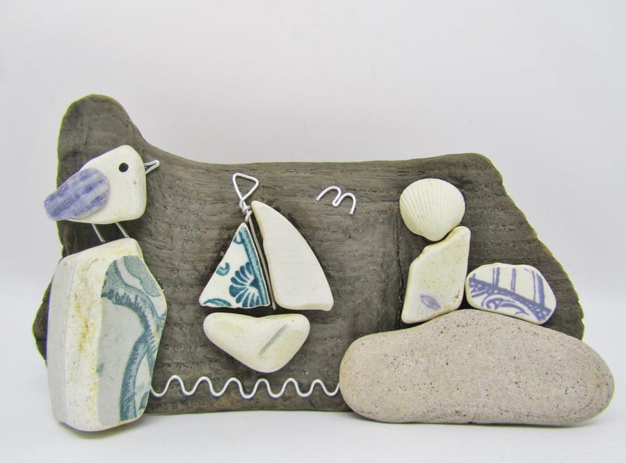 Seagull & Sailing Boat on Driftwood. Handmade Beach Pottery Pebble Art Scotland