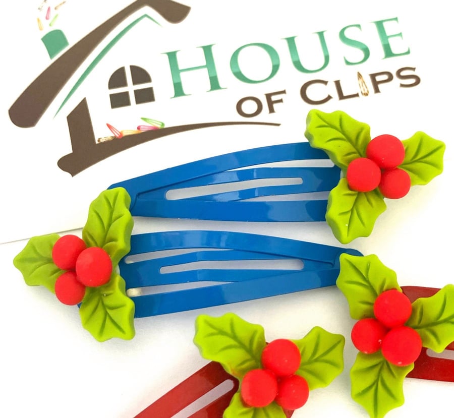 Xmas Holly Hair Clips x2 - Christmas Hair Clips - Xmas Snap Clips - Stocking Fil