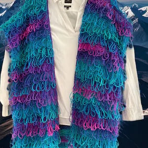 Long Loopy Crochet Waistcoat Size L, 16 - 18 UK