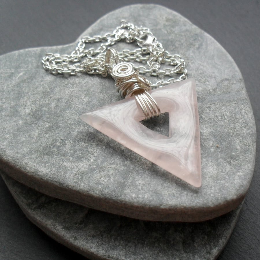 Rose Quartz Triangle Shaped Wire Wrapped Pendant
