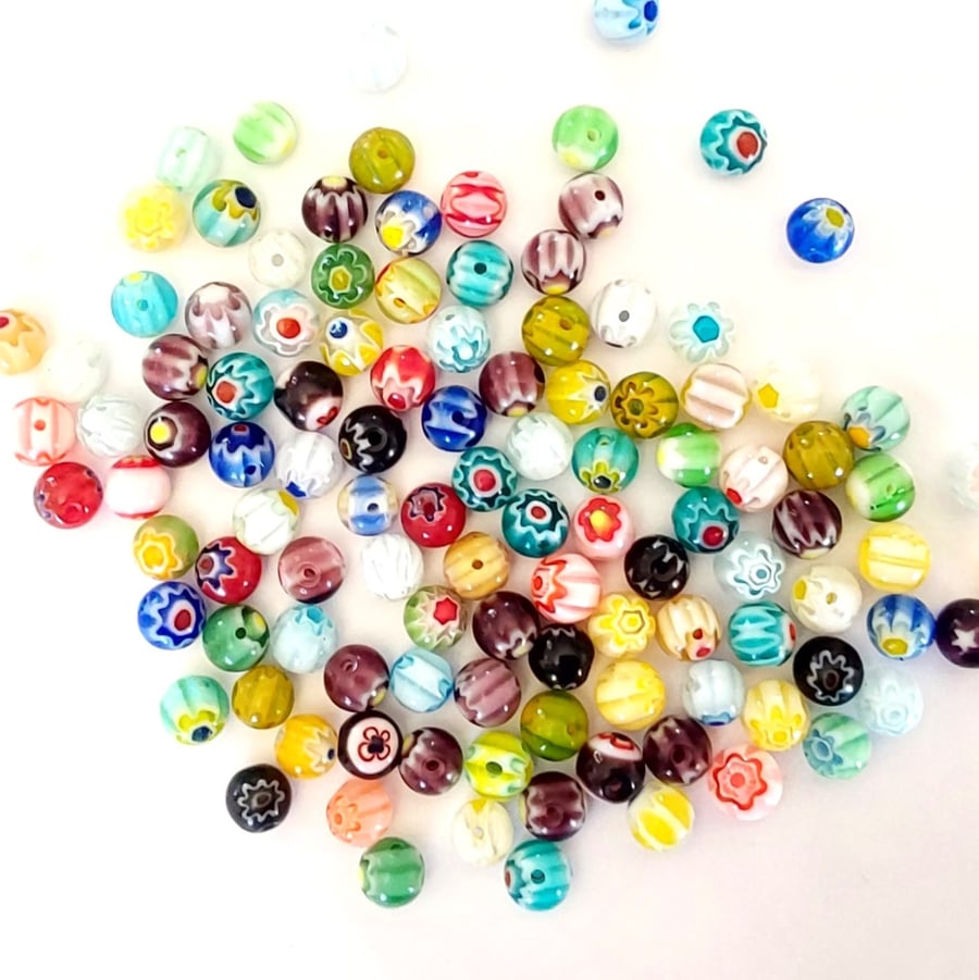 110 Millefiori Flower Pattern Glass Beads 6mm Round for Jewellery Making
